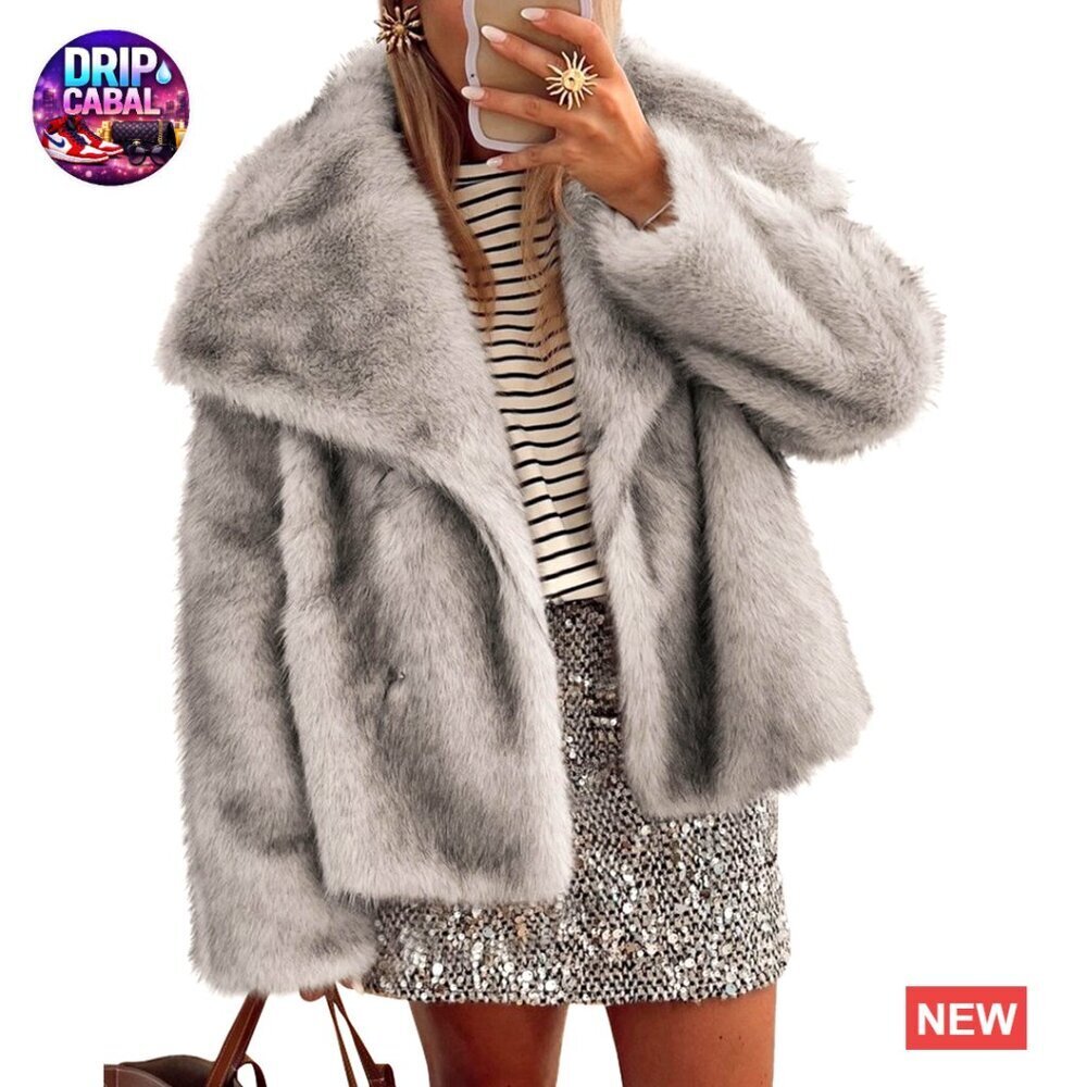 Faux Fur Jacket Women's Long Sleeve Button Lapel Winter Coat Chic Warm